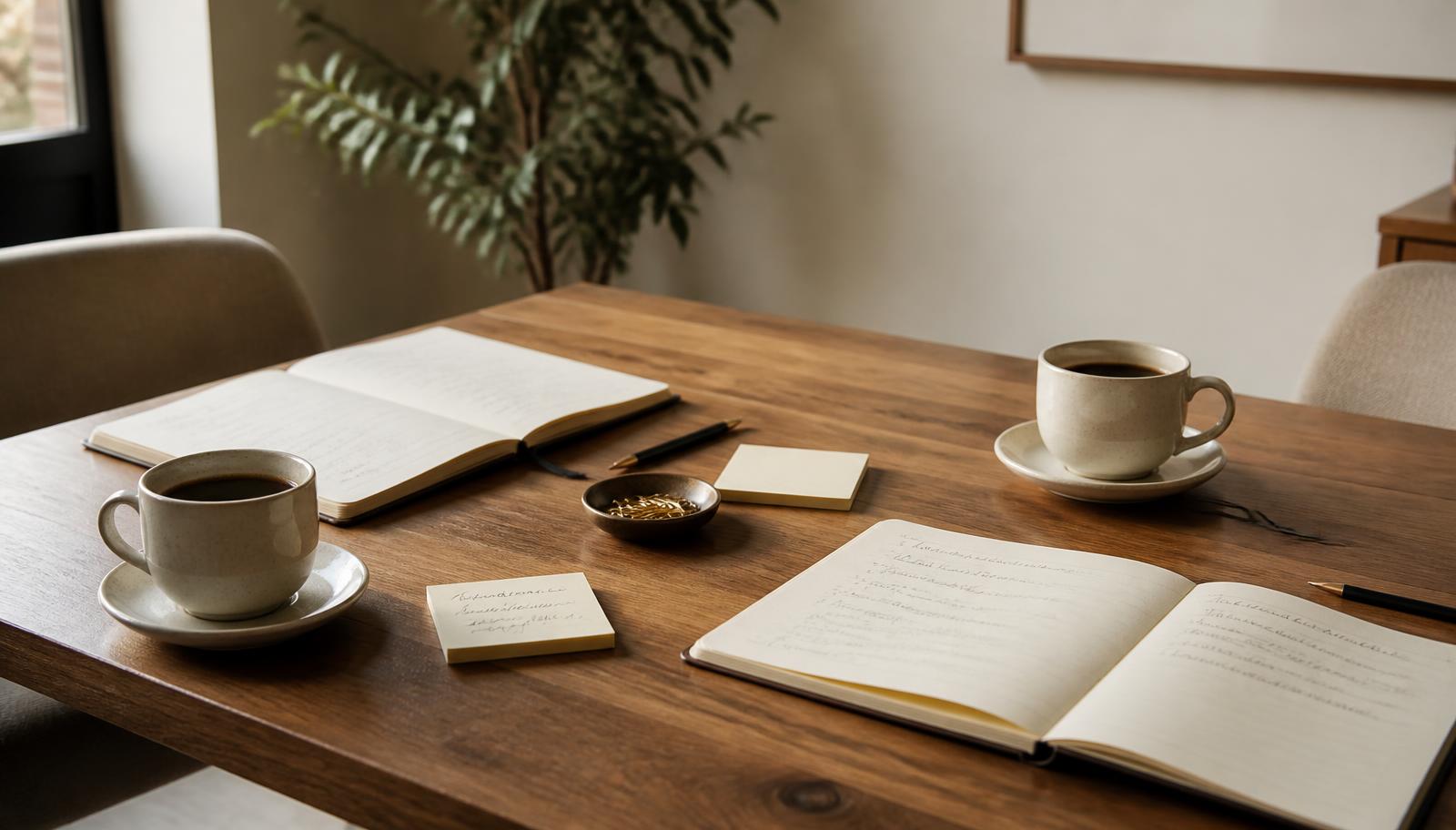A table set for a two-person working session with notebooks and coffee
