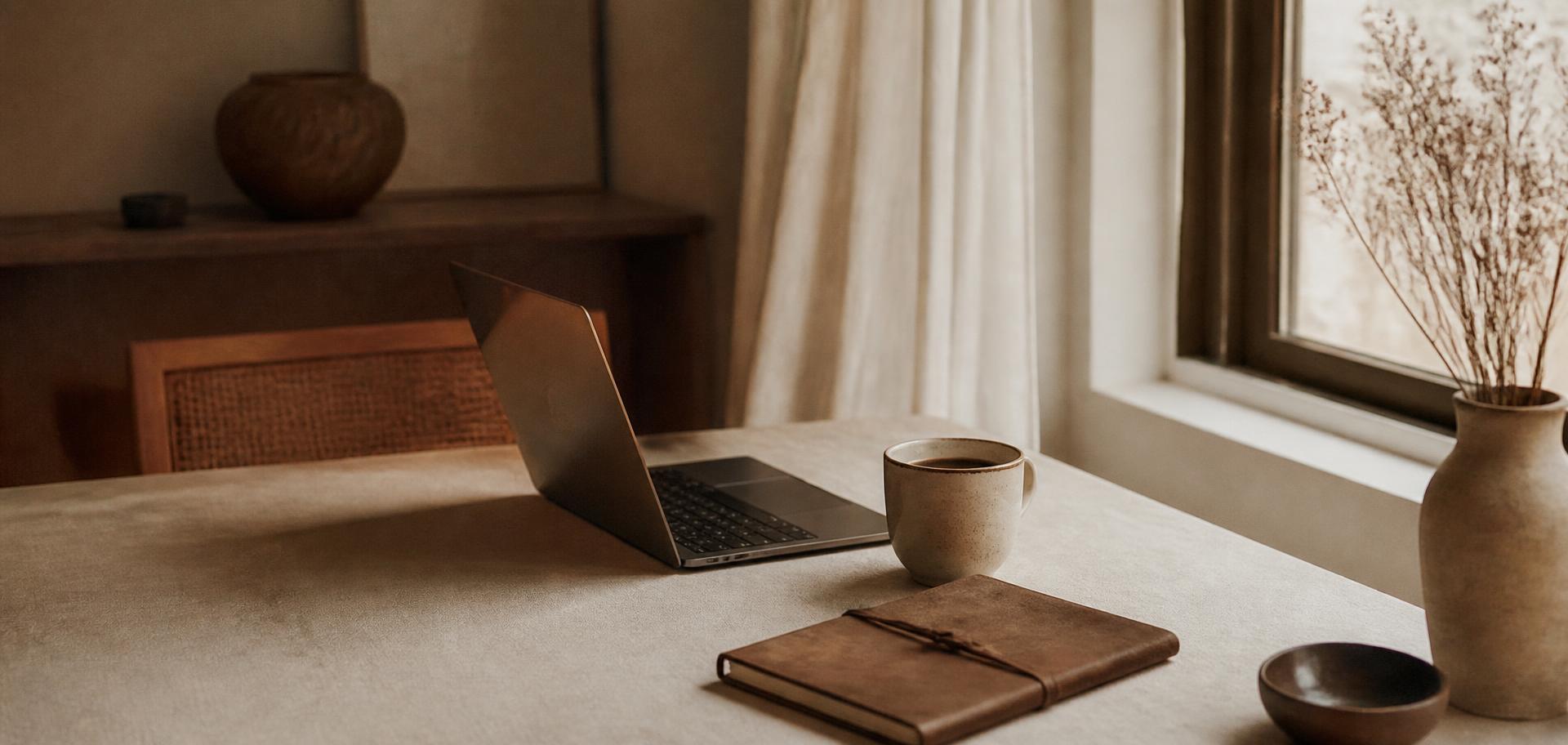 Minimal workspace with a laptop, notebook, and coffee